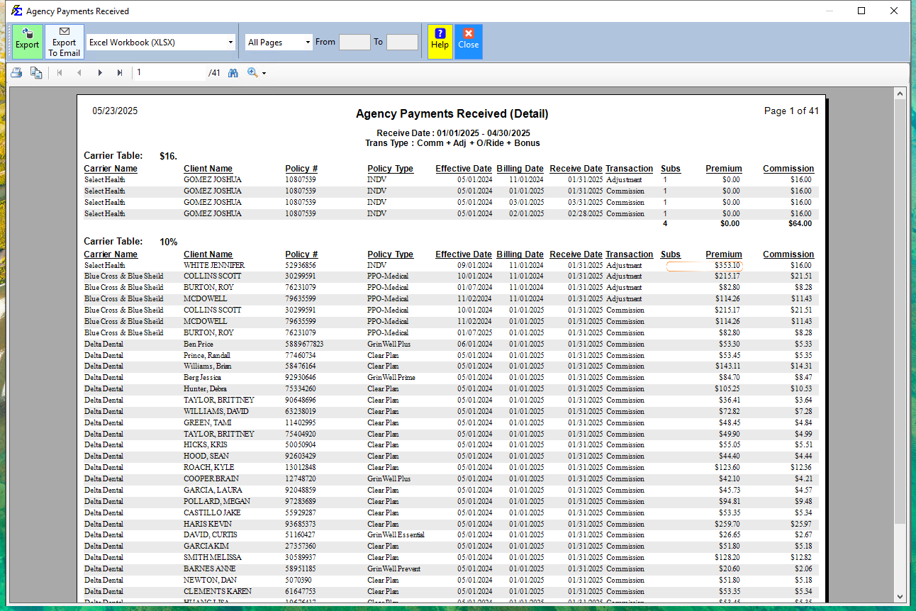 Commissions by Carrier Table Results Preview