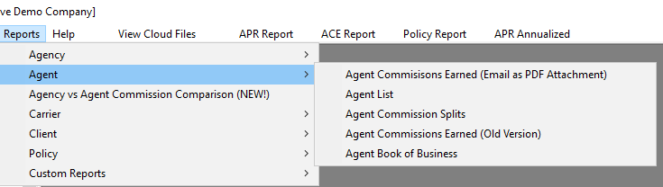 ACE Report Selection Screen