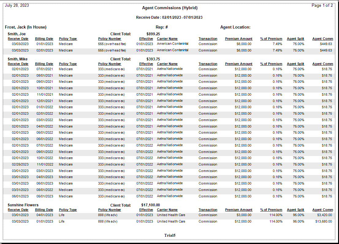 Agent Commission Hybrid Report Sample
