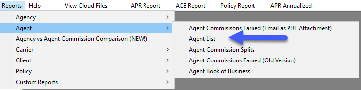 Agent List Report Selection
