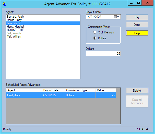 Agent Advance Example Entry