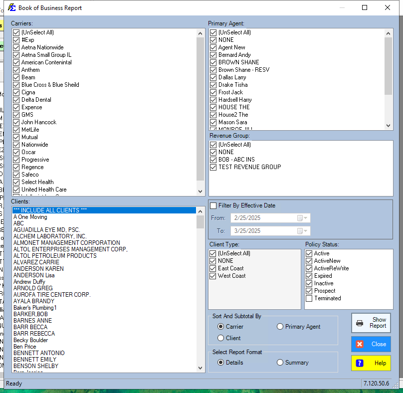 Filtering and Grouping Options