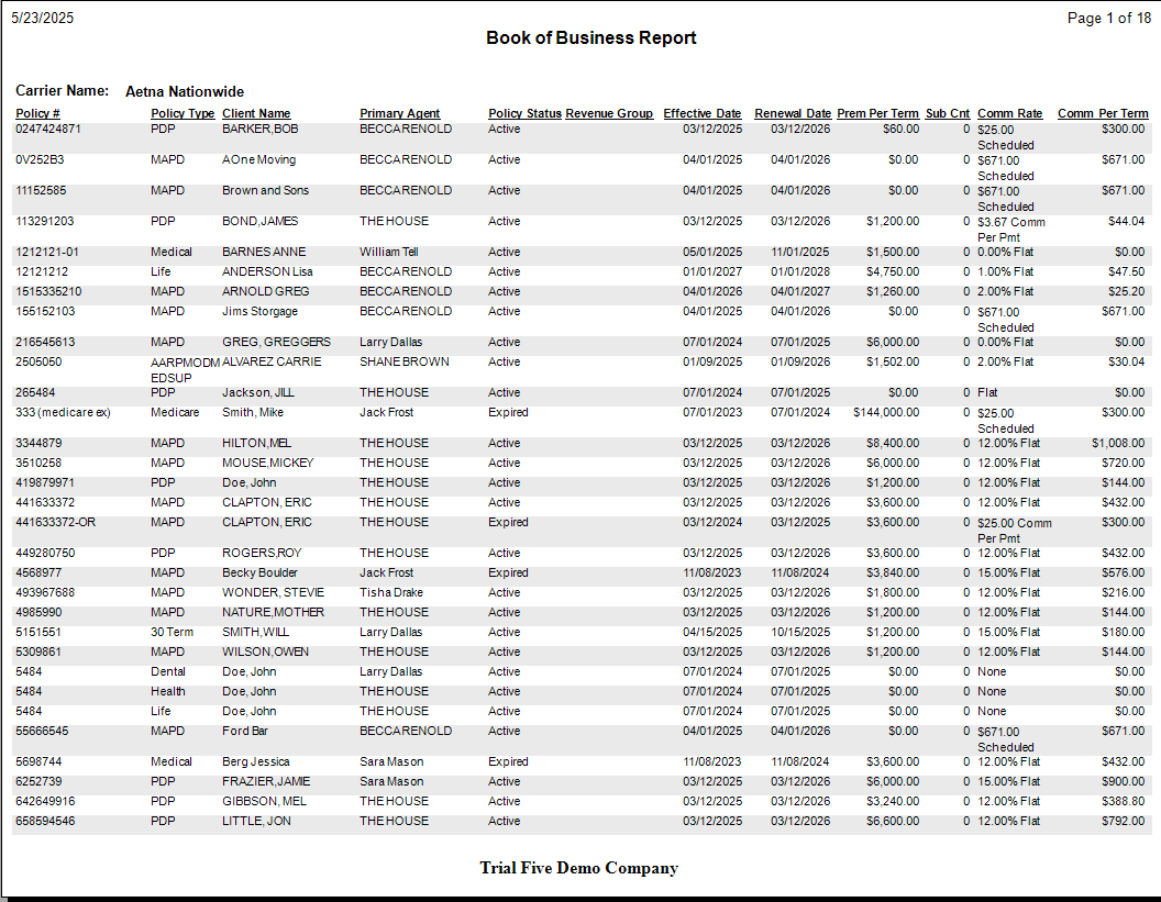 Book of Business Details View