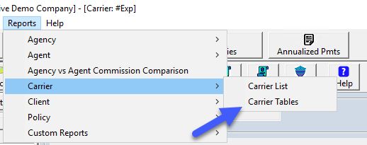 Carrier Table Selection Screen