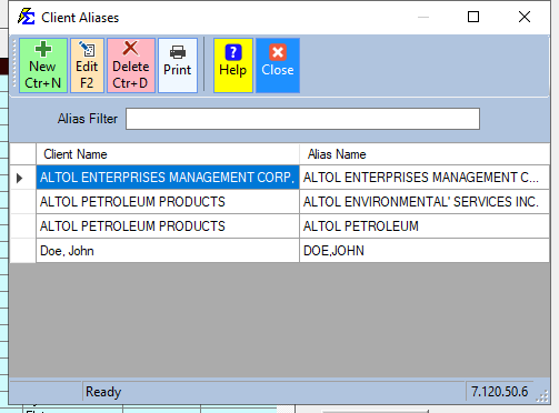 Client Alias Management Screen