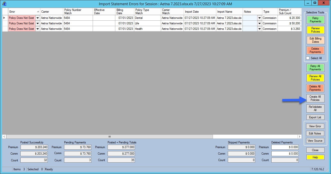 Viewing Errors and Starting Create Policies