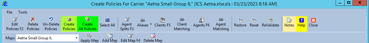 Importing Policies Toolbar