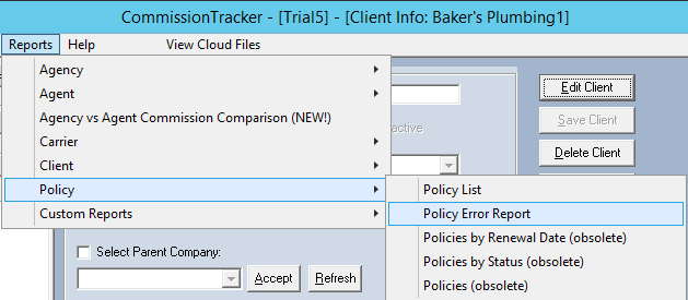 Policy Error Report Menu
