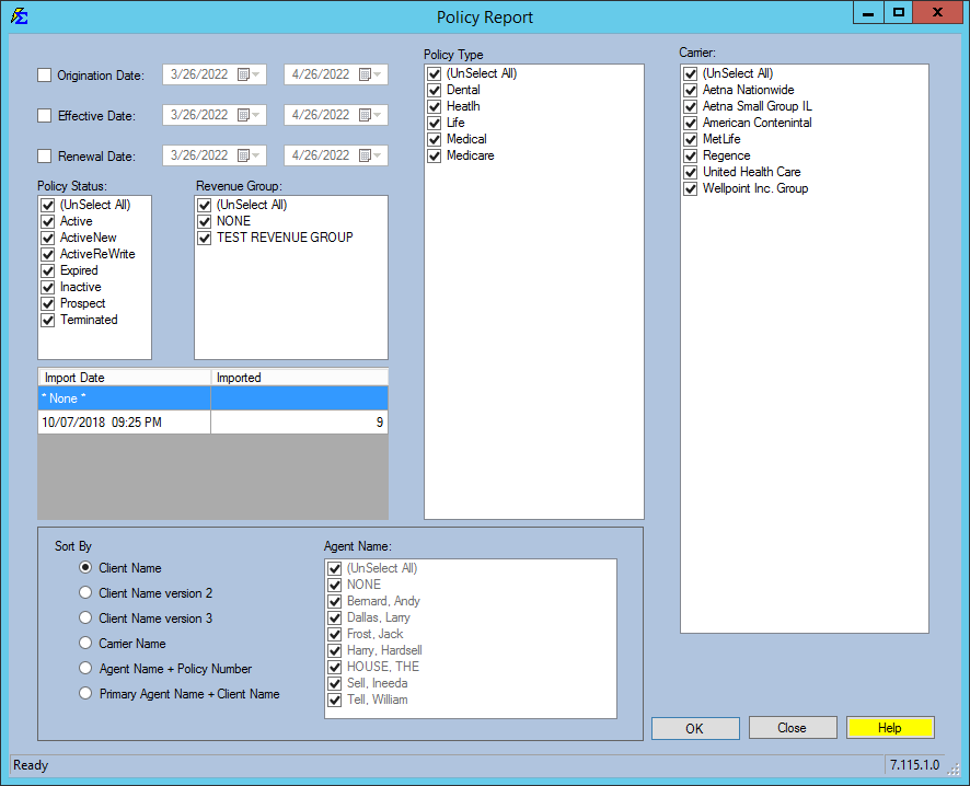 Policy Report Setup Screen