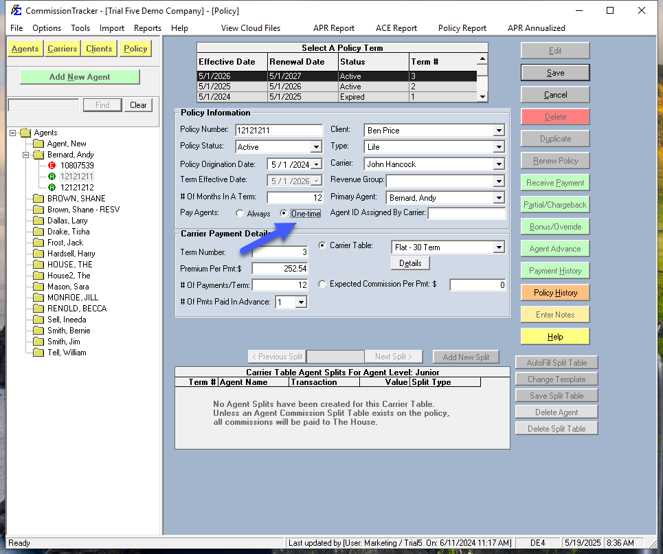 Pay Agents One-time Setting