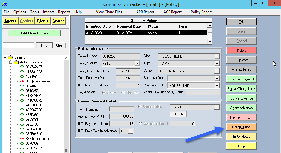 Policy History Screen