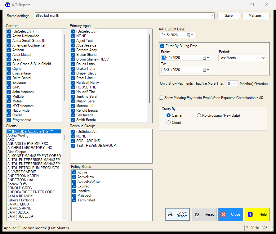Accounts Receivable filter screen with a saved setting applied