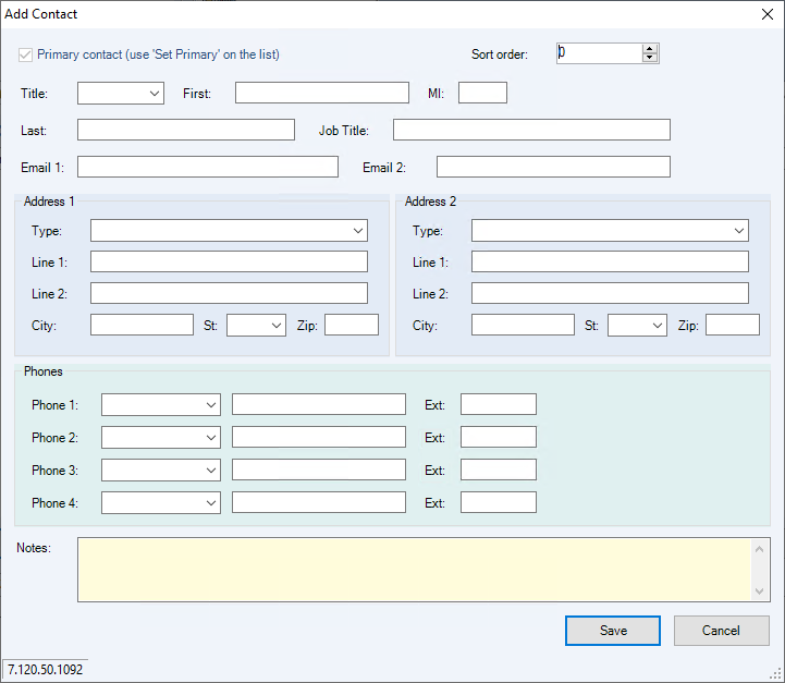 The Add Contact form, showing Name, Job Title, Email, Address, Phone, and Notes fields