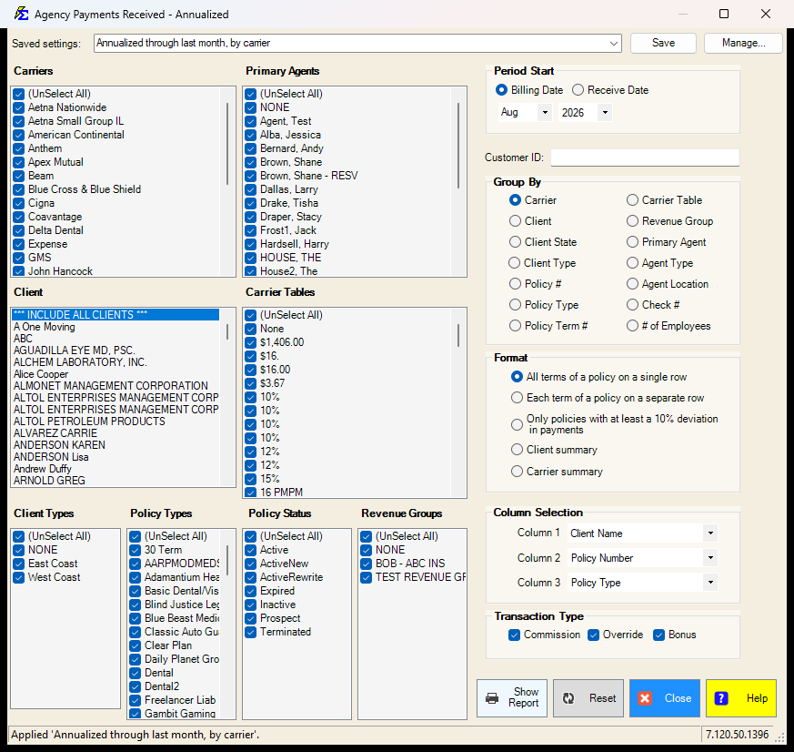 Agency Payments Received Annualized filter screen with a saved setting applied