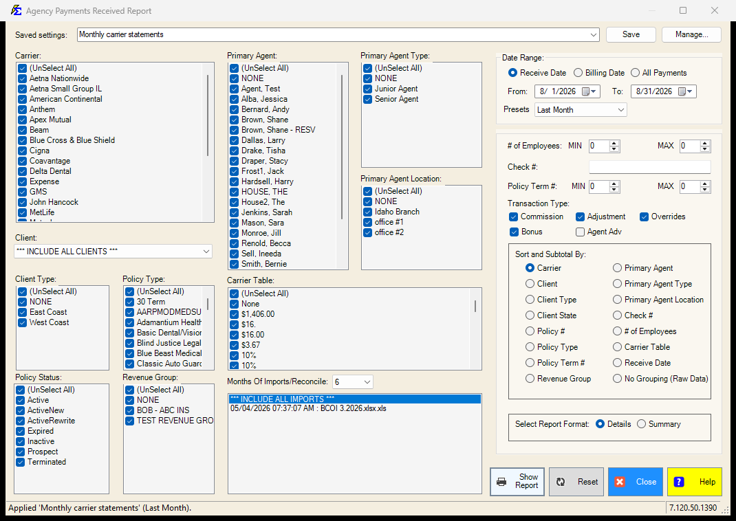 Agency Payments Received filter screen with a saved setting applied