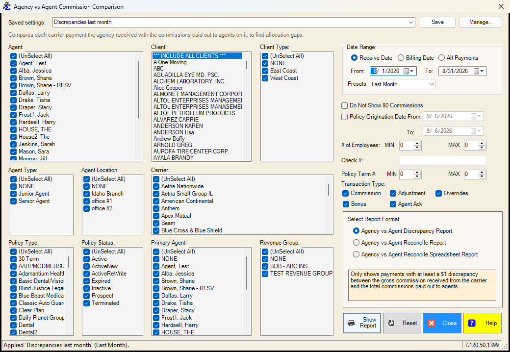 Agency vs Agent Comparison filter screen with a saved setting applied