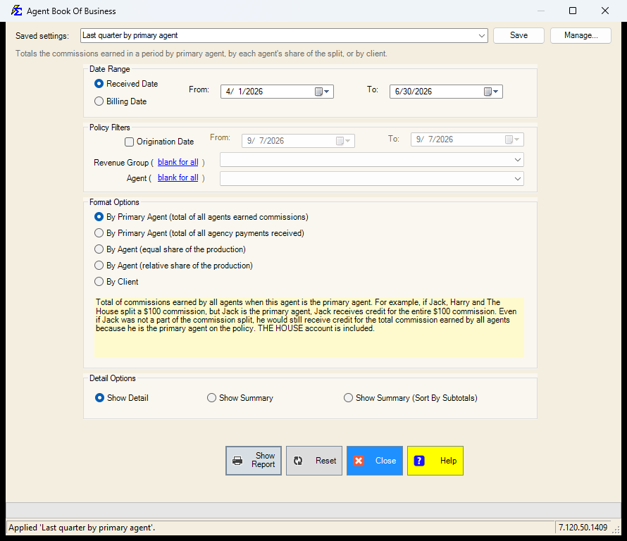 Agent Book of Business filter screen with a saved setting applied