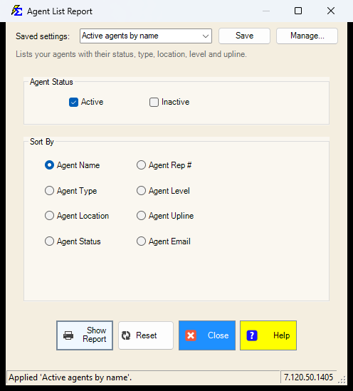 Agent List Report Selection