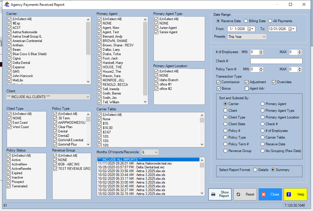 Agency Payments Received Report Results