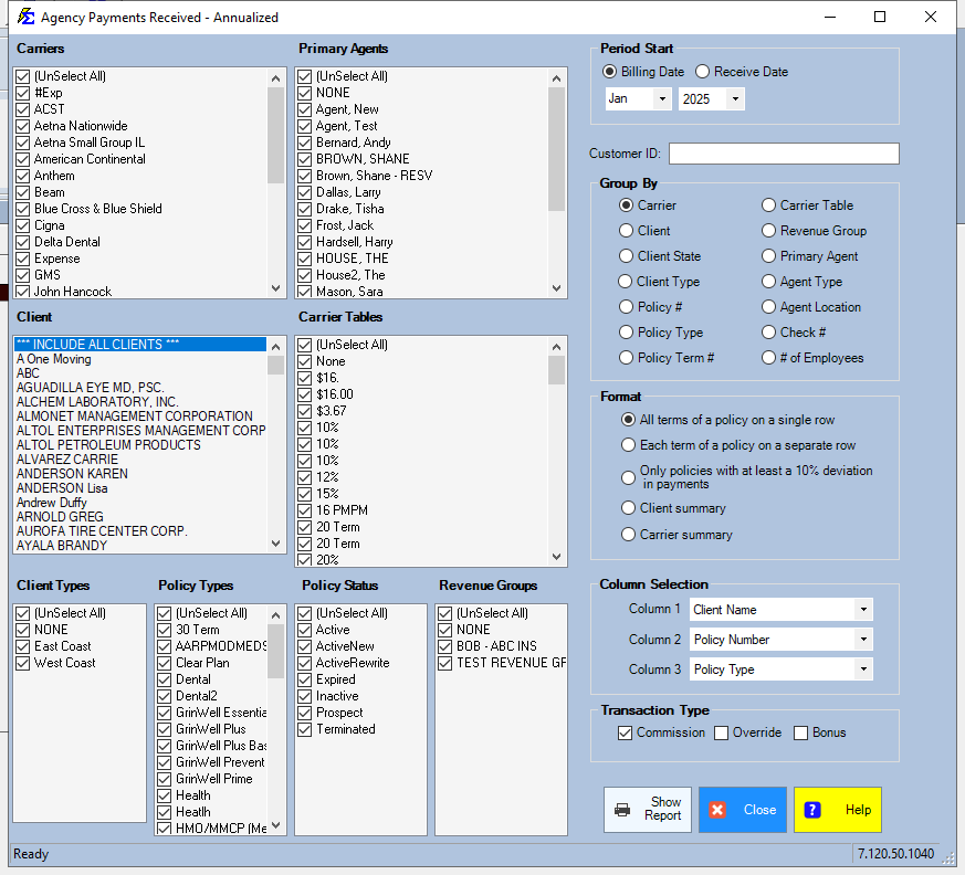 Agency Payments Received Annualized Format Variations