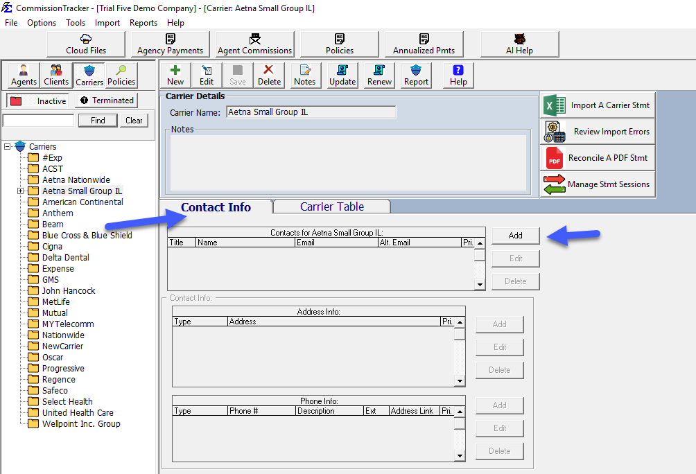 Carrier Contact Information View