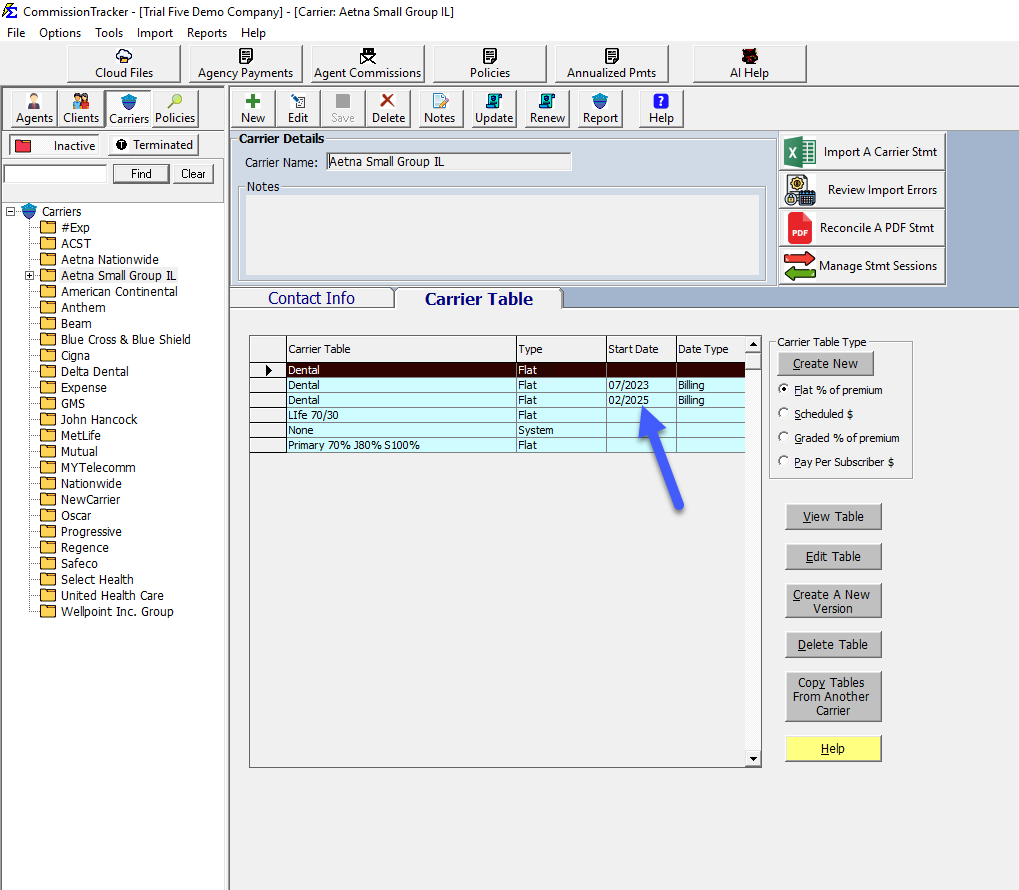 Carrier Table Version List View