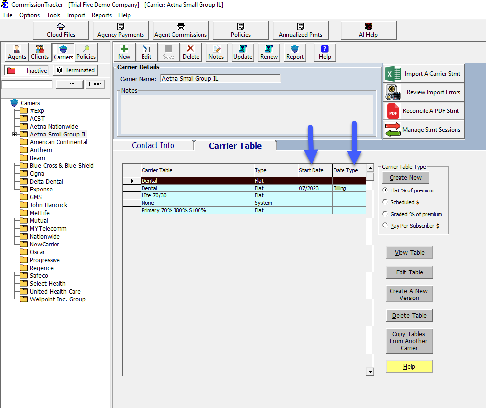 Carrier Table Version Details and Settings