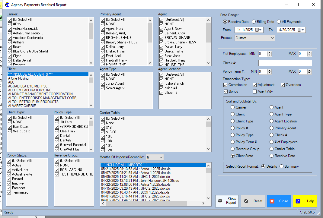 Agency Payment Received Selection