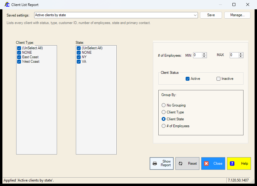Client List filter screen with a saved setting applied