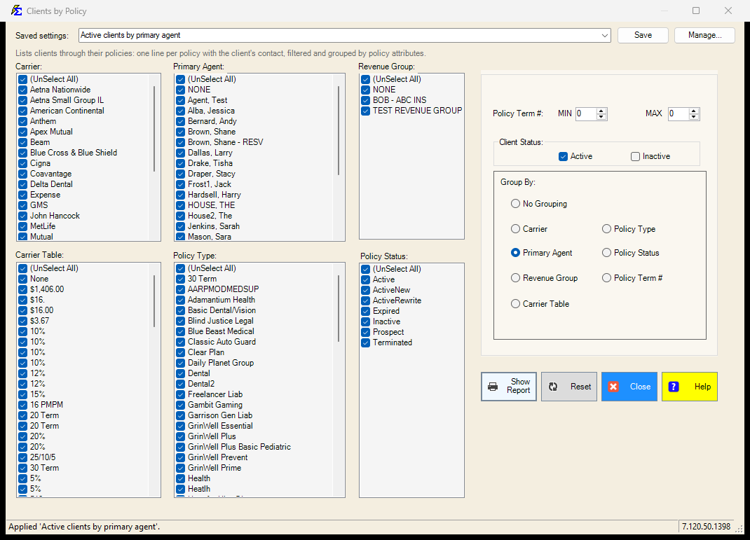 Clients by Policy filter screen with a saved setting applied