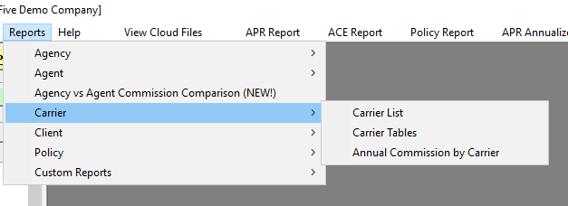 Commissions by Carrier Selection Screen