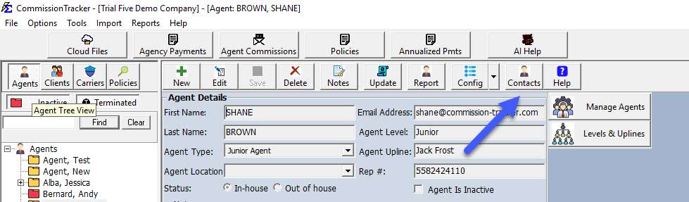 Contacts button on the Agent screen toolbar