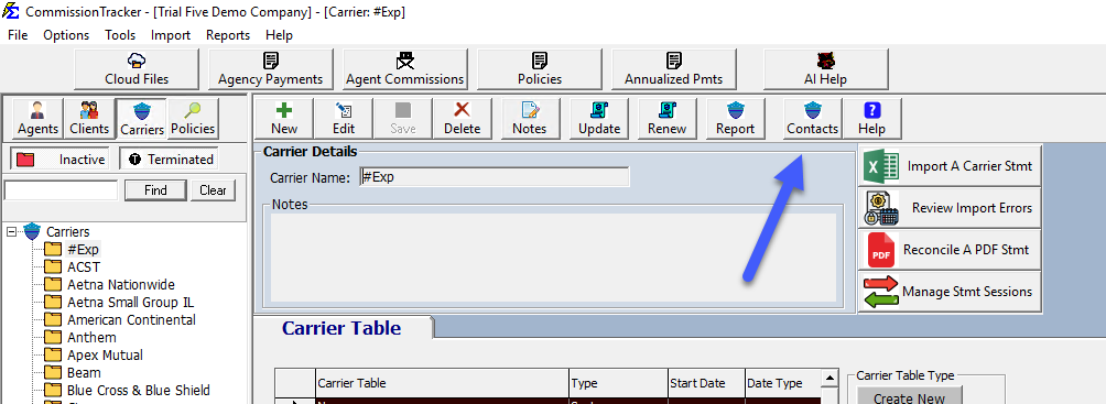 Contacts button on the Carrier screen toolbar