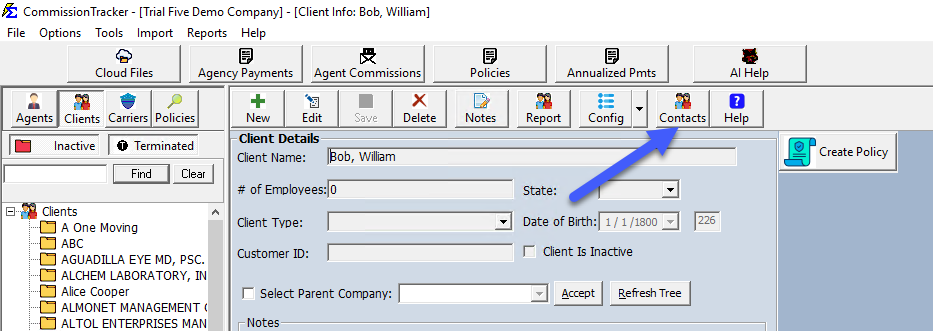 Contacts button on the Client screen toolbar