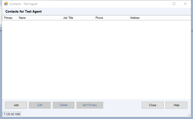 The Contacts window for an agent record