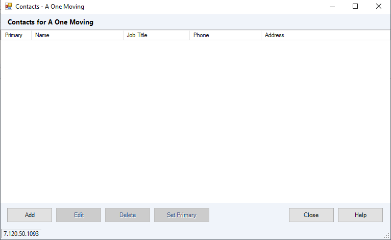 The Contacts window for a client record