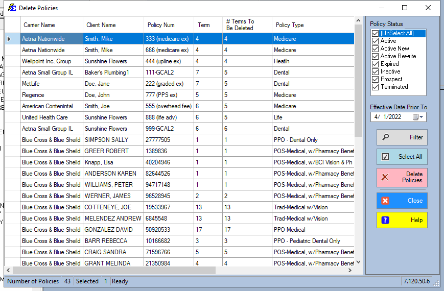 Delete Policies Filtering Grid