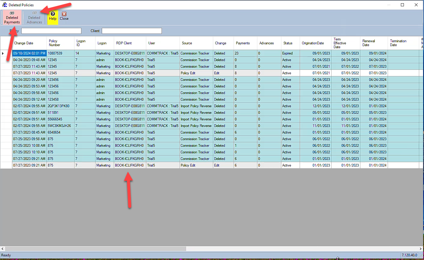 Deleted Policy Log Master View