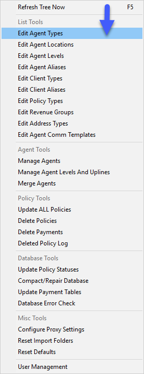 Edit Agent Types in Tools Menu