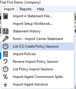 List ICS Create Policy Sessions in the Import menu