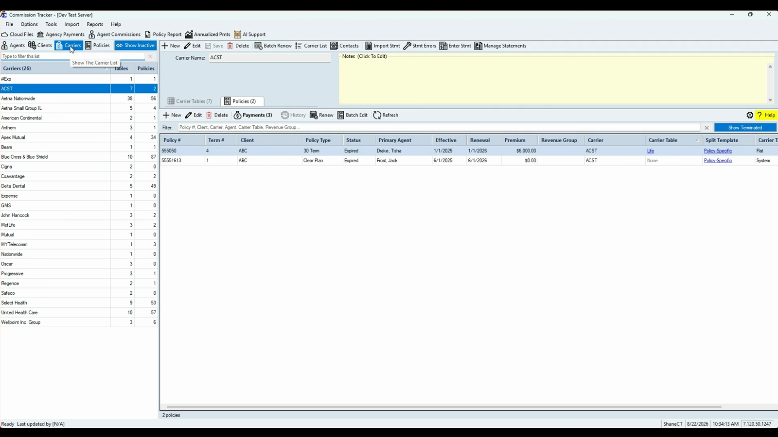 Carriers view with Carrier Tables and Policies tabs