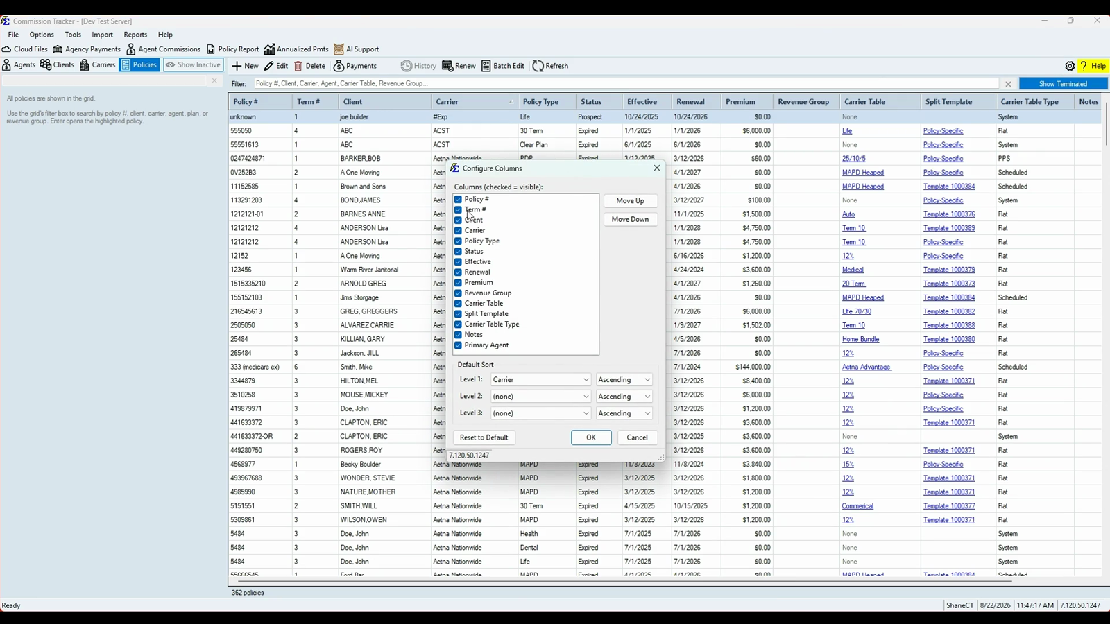 Configure Columns dialog