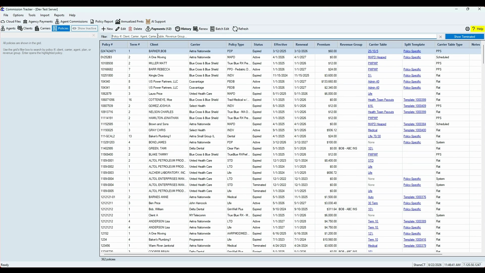 Policies view with the filter box and Show Terminated toggle