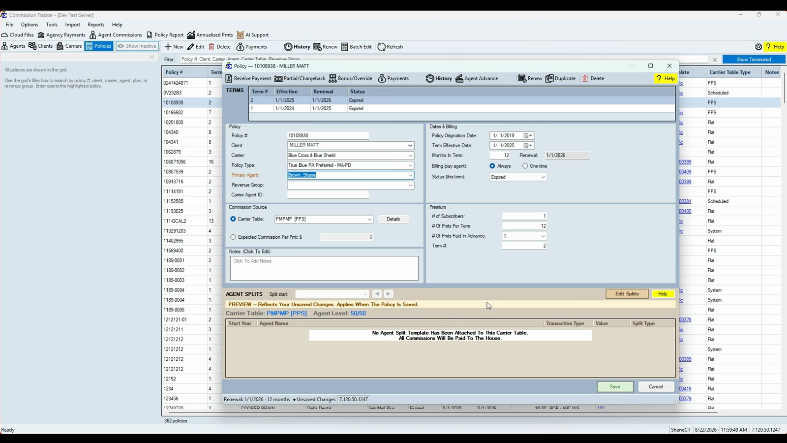 Policy editor with the Terms strip and the Agent Splits preview