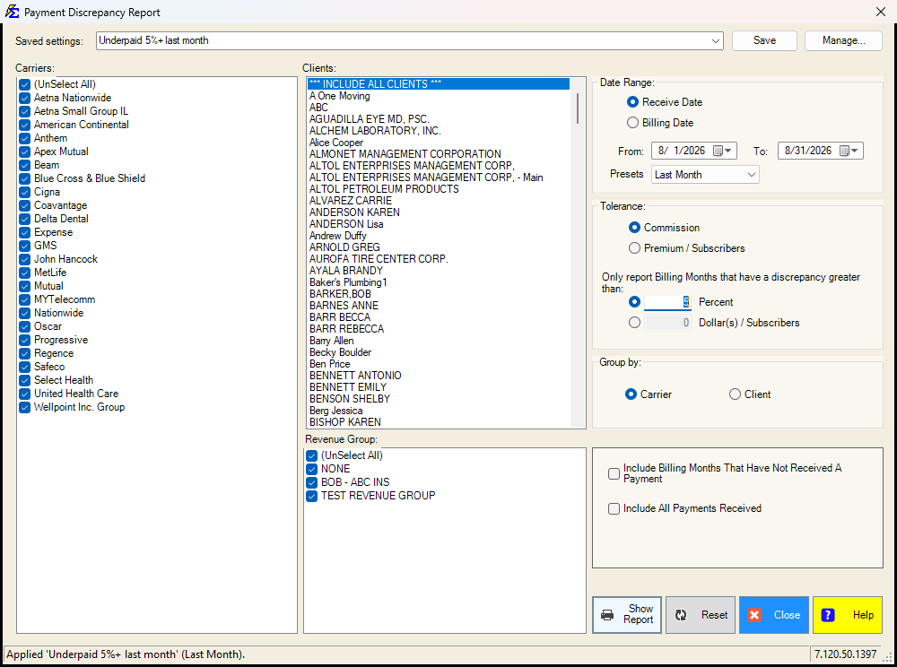 Payment Discrepancy filter screen with a saved setting applied