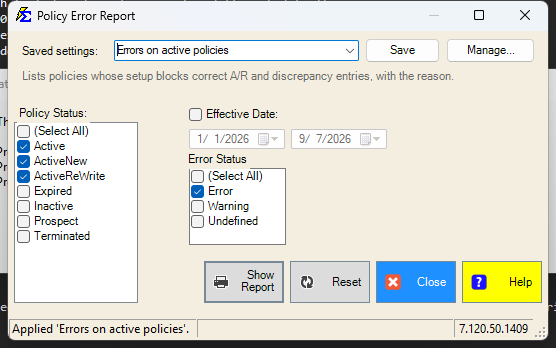 Policy Error Report filter screen with a saved setting applied