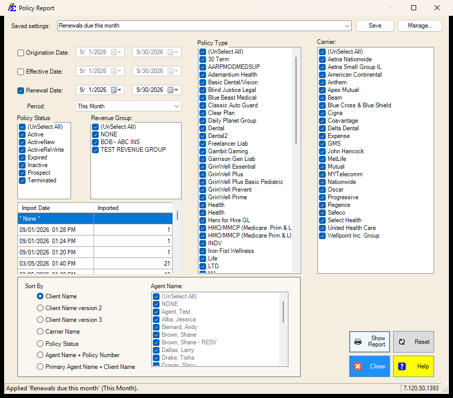 Policy Report filter screen with a saved setting applied