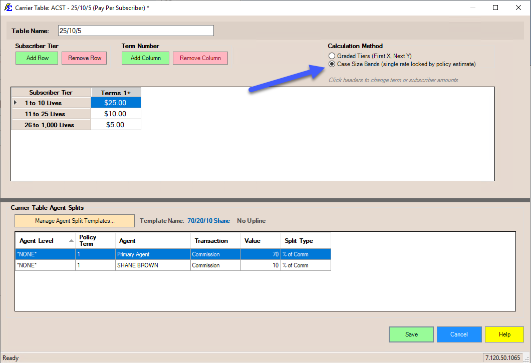 Case Size Bands Setting
