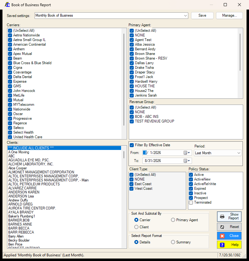 Saved settings row on the Book of Business filter screen