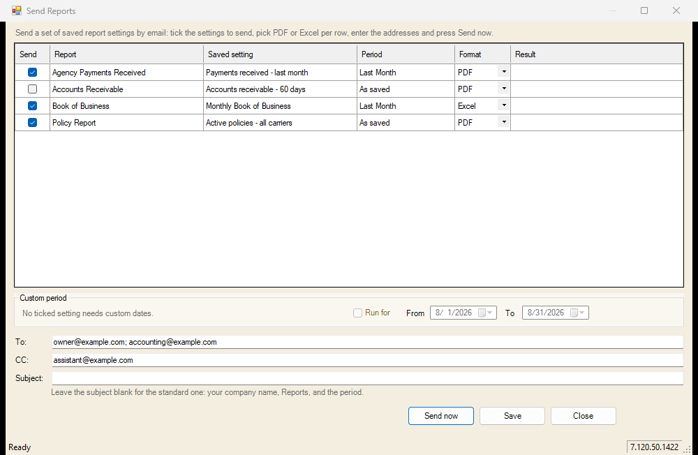 Send Reports screen with three settings ticked and the addresses filled in